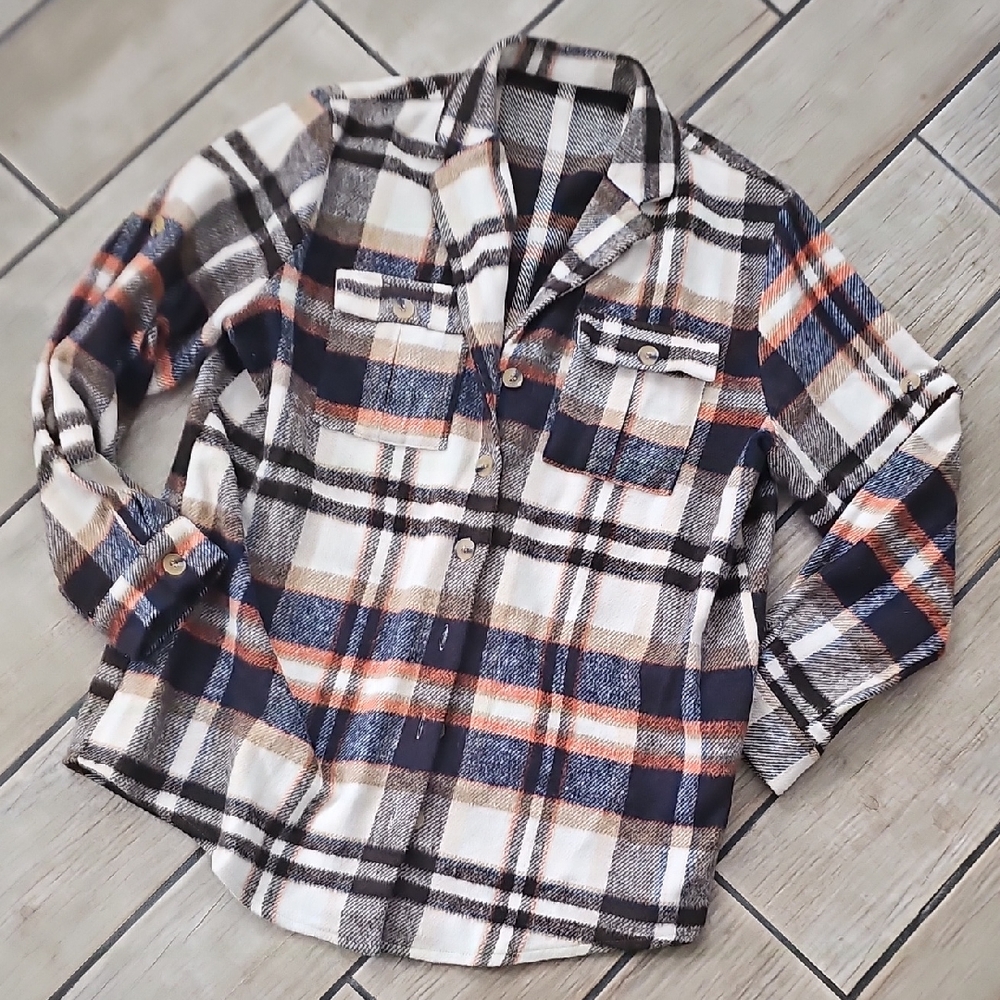 Plaid Shacket Flannel - Blue, Orange, Tan, Brown, Cream Size XL